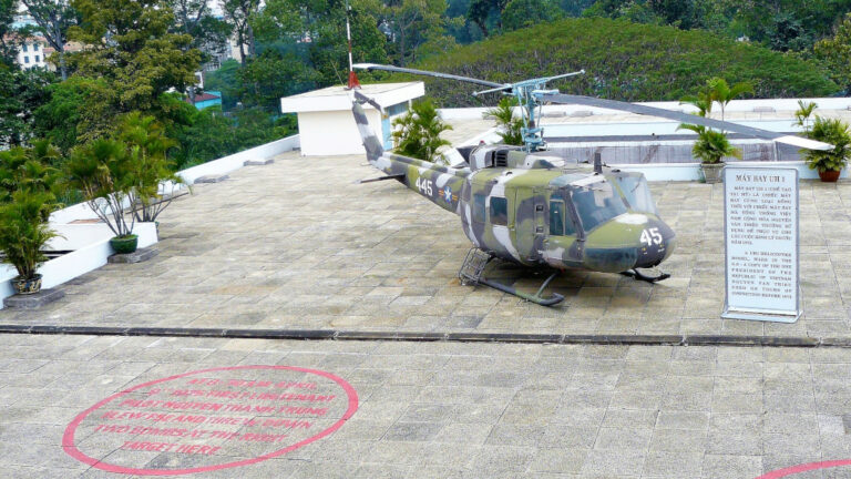 Rooftop helipad with captured helicopter at Independence Palace and site of a previous failed bombing