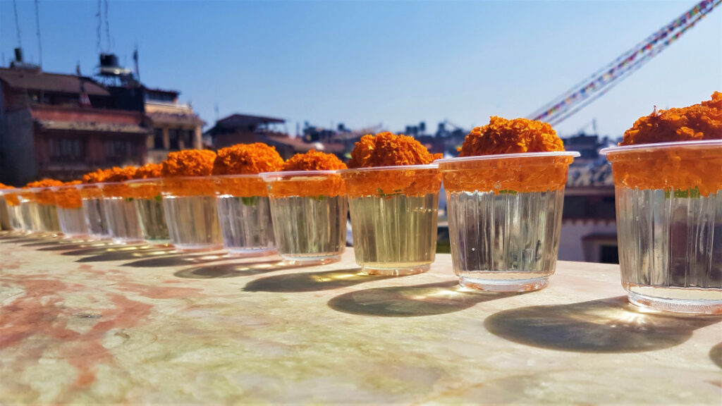 Butter lamps with a single marigold flower in each of them