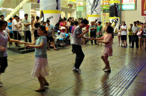Plaza dancing outside a shopping mall in Shanghai