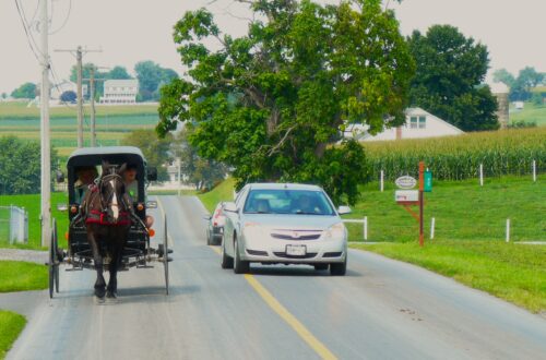 A horse-drawn carriage with a modern car alongside it.
