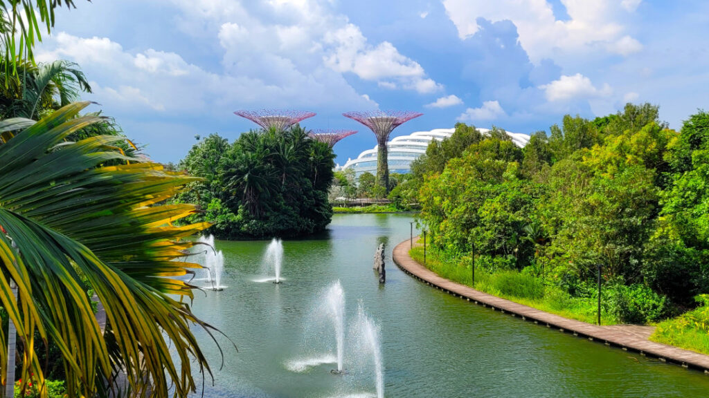 Views of the Supertrees with a canal in the foreground.