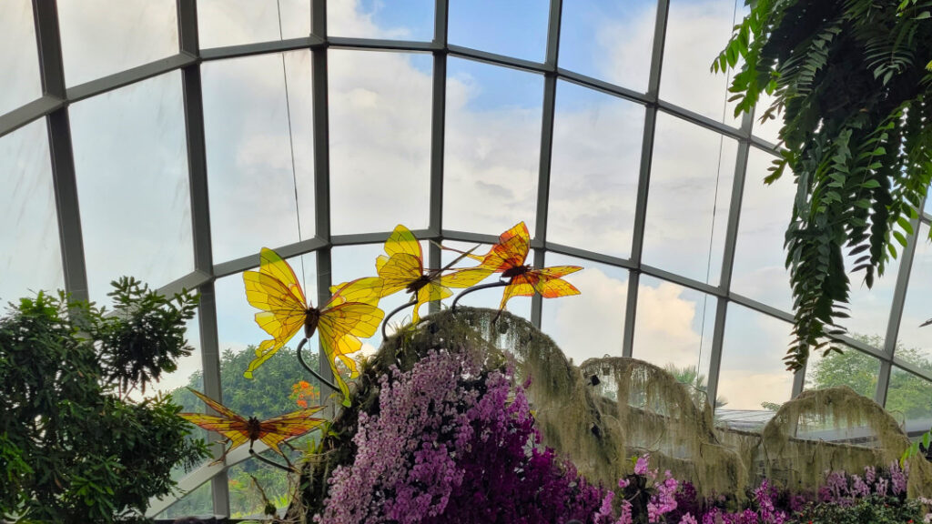 Butterfly sculptures dot the rooftop of the Cloud Forest at Gardens by the Bay.
