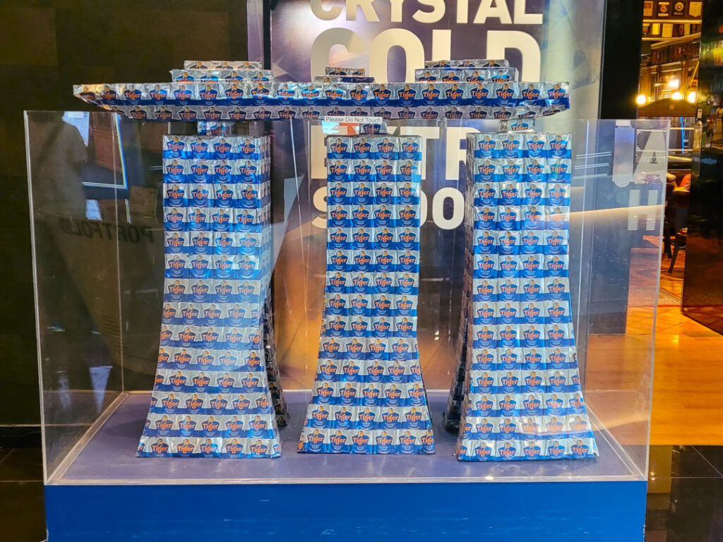 A miniature model of the Marina Sands Bay made of Tiger Beer cans.